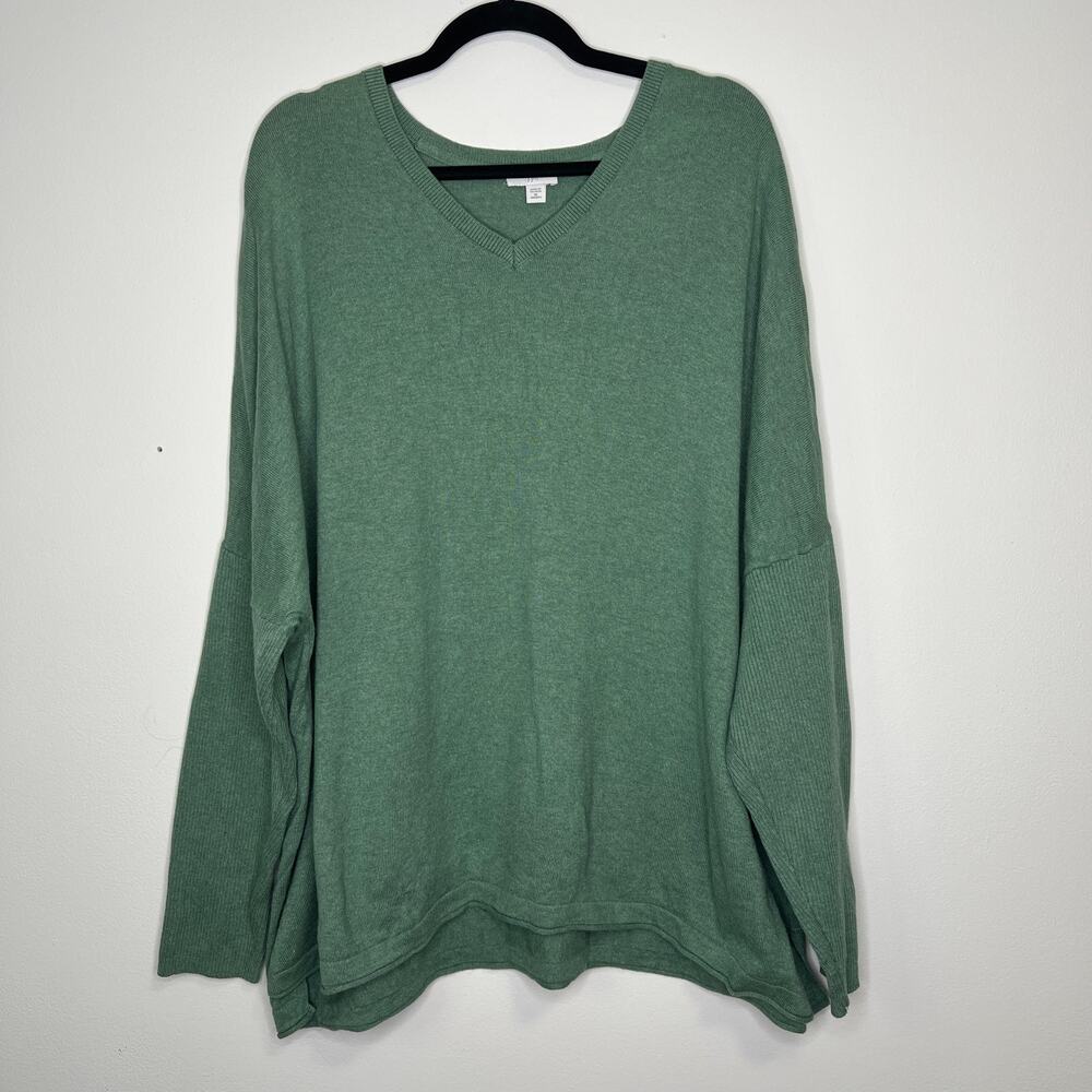 J Jill Plus Women Sweater  Green Cotton B Knit Long Sleeve V Neck Pullover 3x